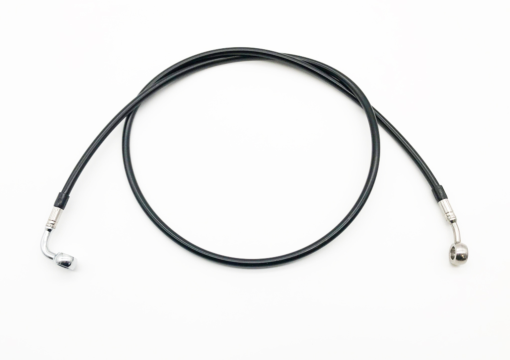 Stahlflex Bremsleitung / Kupplungsleitung 500 mm lang, schwarz ummantelt, Öse 90° verchromt, Öse 20° Edelstahl, Teile-Gutachten § 19/3